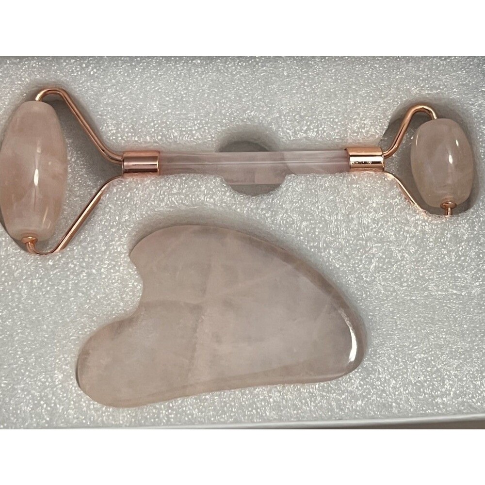 Baimei Boxed Set Of Pink Jade Roller And Gua Sha Stone. Brand New!